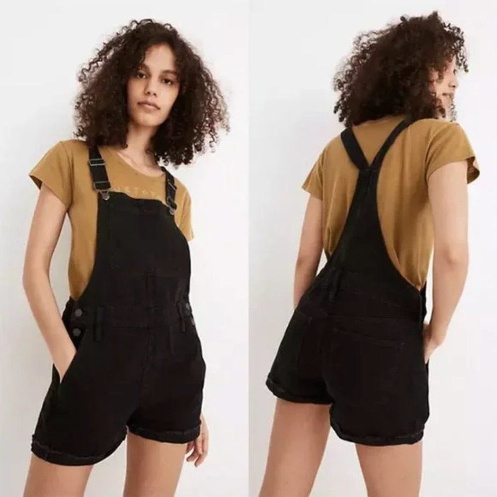 Madewell Overall Shorts Black Faded Denim Shortalls Size Large
